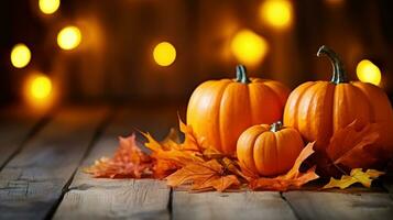 Tres calabazas en otoño hojas en un de madera piso, atributo Víspera de Todos los Santos día festivo. festivo antecedentes brillante guirnalda. ai generativo. foto