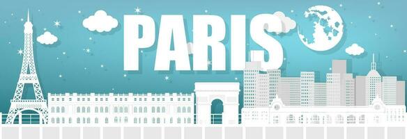 París puntos de referencia, Francia, blanco papel tarjeta postal, París puntos de referencia a noche, lleno luna, turista atracciones en Francia, vector ilustración.