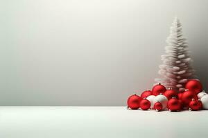 AI generated Christmas minimalist background, winter illustration with Christmas tree and toys balls, AI generated photo