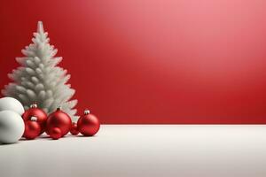 AI generated Christmas minimalist background, winter illustration with Christmas tree and toys balls, AI generated photo