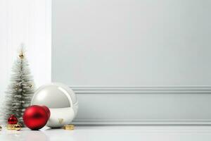 AI generated Christmas minimalist background, winter illustration with Christmas tree and toys balls, AI generated photo