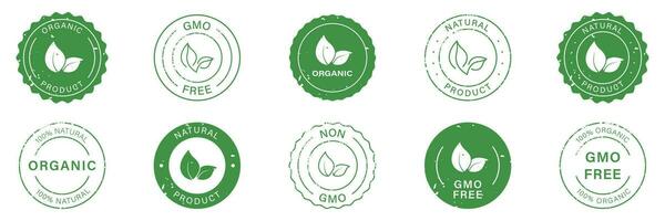 gmo gratis caucho sello colocar. orgánico bio producto redondo pegatina recopilación. 100 por ciento eco natural insignia. no gmo emblema. vegano comida verde grunge etiqueta. aislado vector ilustración.