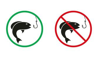 Fishing Warning Sign. Fish Silhouette Icons Set. Catch Fish in Lake and River Is Allowed. Fishing Prohibited Symbol. Isolated Vector Illustration.