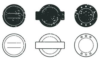 Circle Rubber Stamp Set. Grunge Label In Different Shapes. Black Retro Sale Tag, Aged Vintage Banner. Retro Circular Badge Silhouette and Line Symbol Collection. Isolated Vector Illustration.