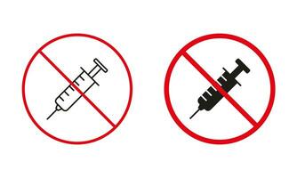 Drugs No Allowed Warning Sign Set. Doping Prohibit Line And Silhouette Icons. Syringe in Red Circle Symbol. Forbidden Area for Injection. Isolated Vector Illustration.