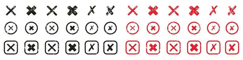 Cross Shape Icons Set. Black and Red Grunge Mark In Box And Circle Pictogram. X Symbol Collection. Delete, Cancel, Reject, Ban Sign. Wrong Rubber Stamp. Isolated Vector Illustration.