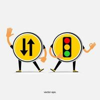 two men standing next to a traffic light and a stop sign vector