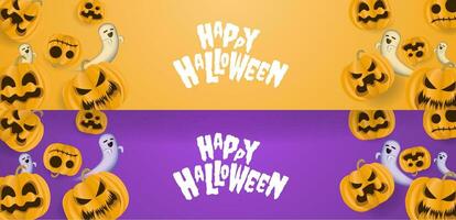 Premium happy halloween banner or party invitation background with orange pumpkin, ghost on orange vector