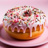 AI generated Chocolate donut with sugar threads and filling, pink glaze - AI generated image photo