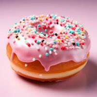 AI generated Chocolate donut with sugar threads and filling, pink glaze - AI generated image photo