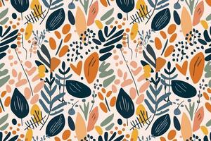Natural hand drawn seamless pattern drawing with abstract shapes, strokes, flowers and leaves. vector