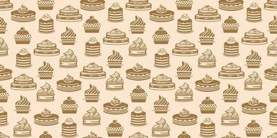 Pastry, sweet bakery seamless pattern. Confectionery baking design. Hand drawn cake, cupcakes and muffins doodles background for wrapping paper, package print, cafeteria and shop vector wallpapers