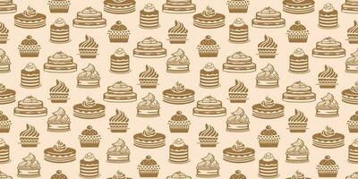 Pastry, sweet bakery seamless pattern. Confectionery baking design. Hand drawn cake, cupcakes and muffins doodles background for wrapping paper, package print, cafeteria and shop vector wallpapers