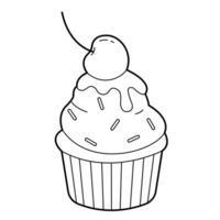 Cupcakes with cream and cherries. Design element. Black and white outline illustration for coloring book vector