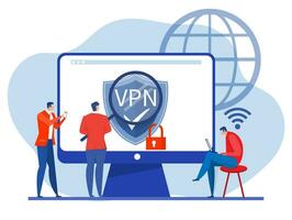 vpn tecnología Servicio concepto, empresario utilizar navegador desatascar en sitio web en móvil virtual privado red. seguro red conexión y intimidad proteccion vector ilustración