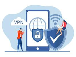 vpn tecnología Servicio concepto, empresario utilizar navegador desatascar en sitio web en móvil virtual privado red. seguro red conexión y intimidad proteccion vector ilustración