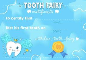 Cute Tooth fairy certificate. Sparkling tooth with wings, crown and magic wand on blue background with stars, and wax stamp. vector