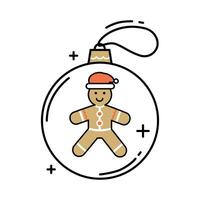 Vector outline illustration of Christmas ball with gingerbread man with Santa's hat. Icon for Christmas decorations, tags, packaging.