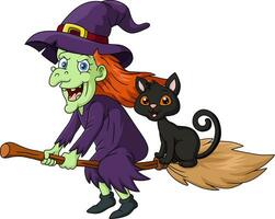 Cute old witch cartoon riding broomstick with black cat vector