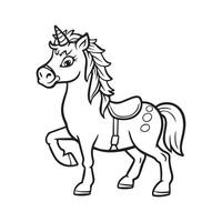 Carton horse, black and white illustration, and coloring page on a white background. line drawing style vector