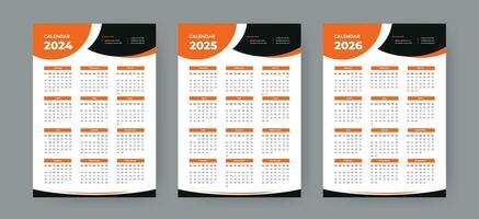 Calendar design set for 2024, 2025, 2026 layout template, week start Sunday corporate design planner design. wall calendar layout template vector