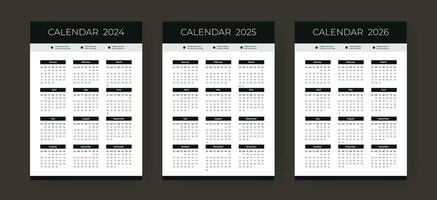 Calendar 2024, 2025, 2026 layout template, Black wall calendar set design. vector