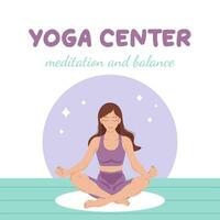 Girl sitting in lotus position, yoga center, meditation and balance vector