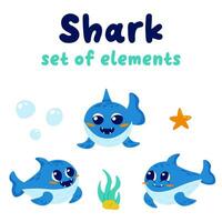 Set of cute shark character clipart elements vector