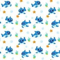 Seamless cute pattern with shark underwater world vector