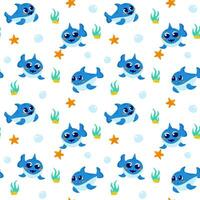 Seamless cute pattern with shark underwater world vector