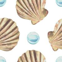 Seashells and bubbles. Marine seamless pattern. Vector illustration in watercolor style. Design element for greeting cards, covers, fabric, wrapping paper, wallpaper, textile.