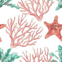 Seaweed, pink corals, starfish. Marine seamless pattern. Vector illustration in watercolor style. Design element for greeting cards, food packaging, covers, fabric, wrapping paper, wallpaper.