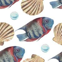 Fish, shells, bubbles. Marine seamless pattern. Vector illustration in watercolor style. Design element for greeting cards, covers, fabric, wrapping paper, wallpaper, textile.