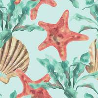 Starfish, shell and algae. Marine seamless pattern. Vector illustration in watercolor style. Design element for greeting cards, covers, fabric, wrapping paper, wallpaper, textile.