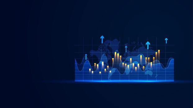 Stock market growth in futuristic technology style. Business growth wallpaper with the glowing bar chart static and up arrow. Graphic of successful financial development on the dark background vector