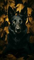 AI generated a black dog sitting in the middle of a bunch of leaves photo