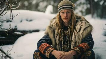 ai generado un finlandés hombre en tradicional sami ropa foto