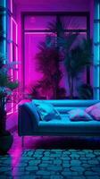 ai generado hermosa moderno vivo habitación con sofá, interior plantas y neón luces foto