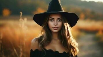 AI generated Pretty young lady in witch costume celebrating Halloween festival photo