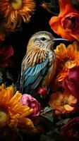 AI generated Beautiful Rare Bird and Spring Flowers photo