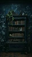 AI generated a dark room with a bookcase and plants photo