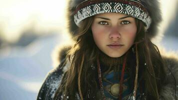 ai generado un finlandés dama en tradicional sami ropa foto