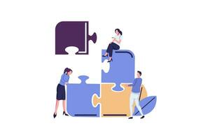 joint teamwork in the company, people push details of puzzles FLAT STYLE illustration vector design