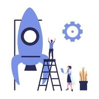 people are building a spaceship rocket. cohesive teamwork in the startup flat vector illustration