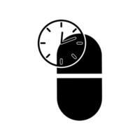 reloj y pastillas icono. tomar medicina en tiempo. lineal estilo firmar para móvil concepto y web diseño. medicina logo. vector