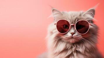 AI generated Cute funny cat in pink sunglasses isolated on pink background. Banner template with grey furry Maine Coon cat and copy space for text photo