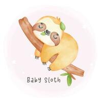 Adorable baby sloth sleeping on tree cartoon watercolor nursery Illustration vector