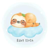 Adorable baby sloth sleeping on cloud cartoon watercolor nursery Illustration vector