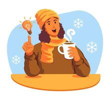 Woman with a cup of hot coffee and a light bulb vector