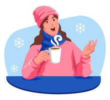 contento mujer con un taza de caliente bebida en el invierno vector